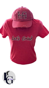 Short sleeve T-Shirt with Blinged Let's Grind letters paired with a Distressed matching cap.